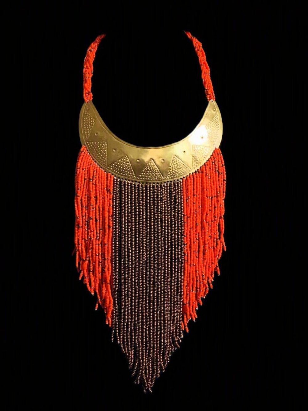 NWT Maasai Massive Beaded Fringe Statement Necklace - Orange & Gold